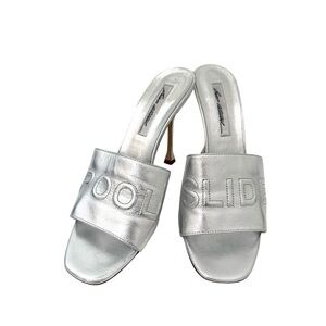 Brian Atwood Spiagga Silver Metallic Leather Pool Slide Heel Sandals